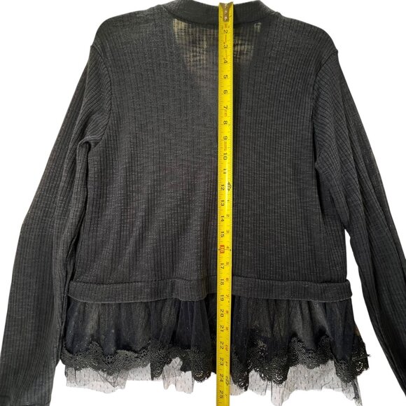 Forgotten Grace Cardigan Sheer Lace Hem Navy Blue Sweater Pearl Buttons Ribbed - Picture 13 of 15